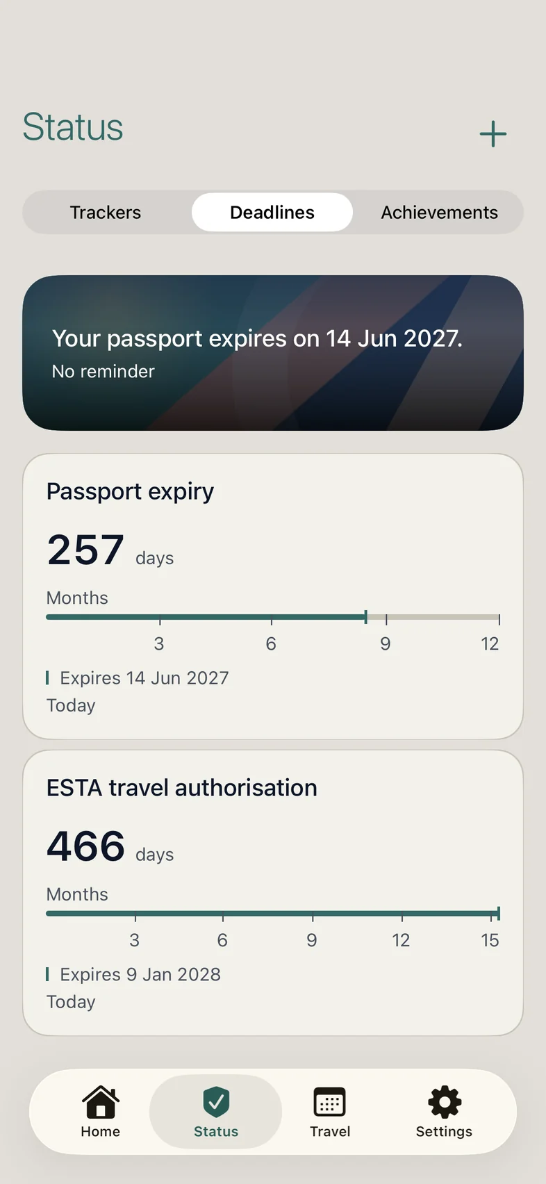 Nomentra’s Deadlines: a passport expiry in 257 days and a travel authorisation expiring in 466 days, each on a timeline.