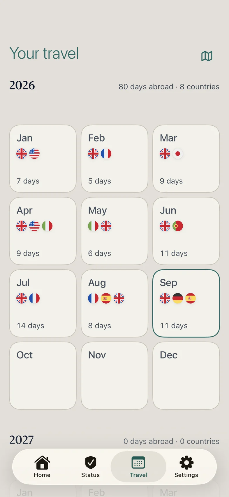 Nomentra’s Travel screen showing 2026 month by month, with country flags and days abroad for each month from January to September.